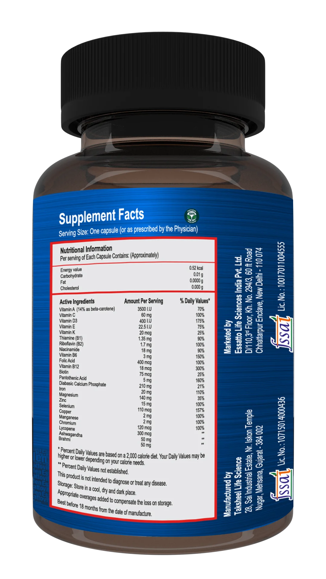 ESSATTOVITE MEN: The Multivitamin and Multimineral Supplement with Ashwagandha & Brahmi(120 Caps).