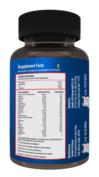 ESSATTOVITE MEN: The Multivitamin and Multimineral Supplement with Ashwagandha & Brahmi(120 Caps).