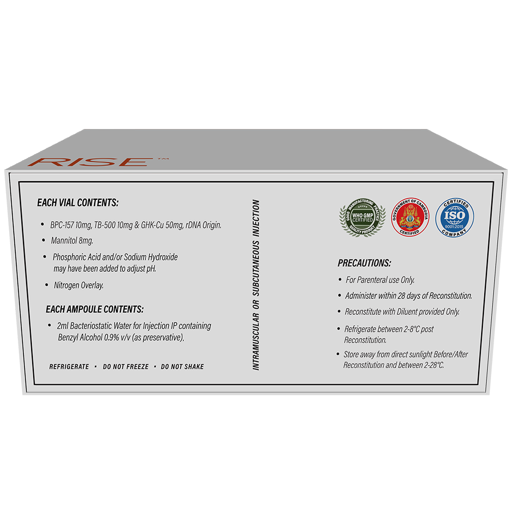 TRI RISE™ combines BPC-157, TB-500 & GHK-Cu to support tissue repair, collagen production, recovery, joint health, skin wellness, and overall regeneration.